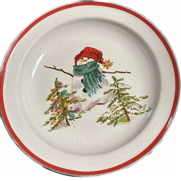 VTG HALLMARK MITFORD SNOWMAN ENAMEL JAN KARON SALAD SOUP BOWL PIE PLATE 10.25” - Picture 4 of 4
